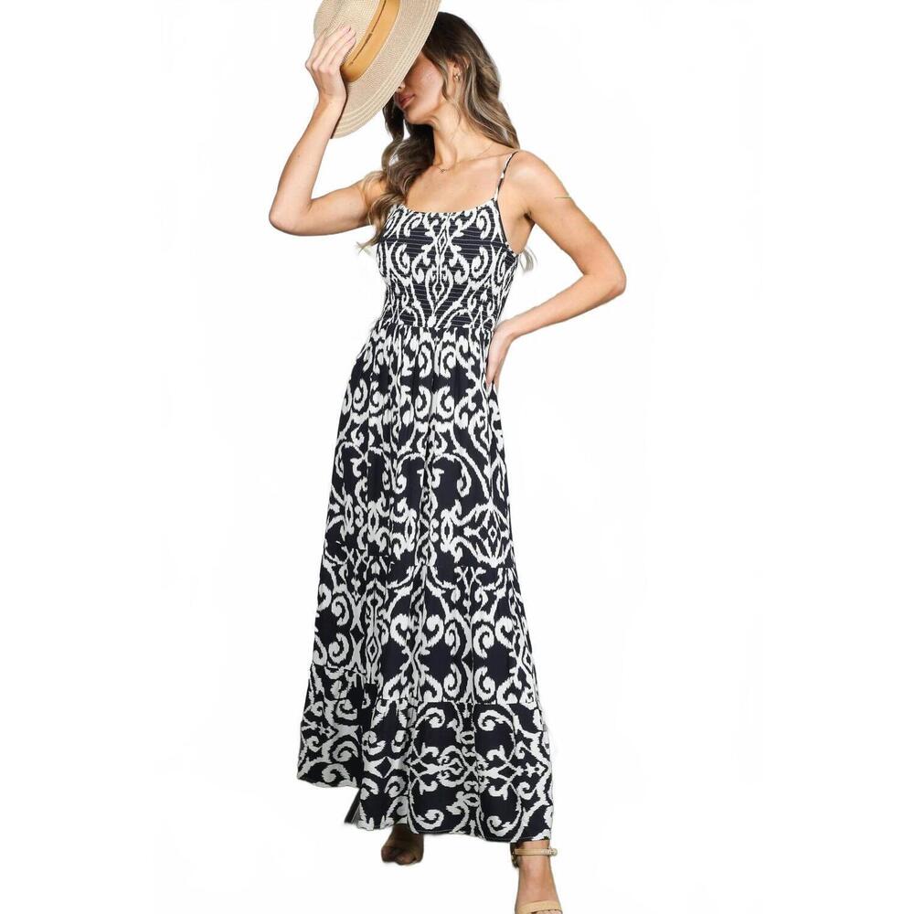 NEW VINE & LOVE adjustable straps smocked maxi dress in black white